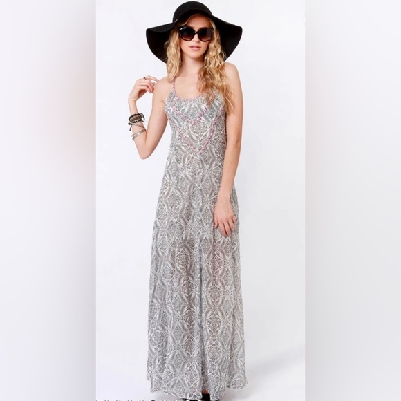 Roxy World Waiting Grey Damask Print Maxi Dress - Picture 1 of 14